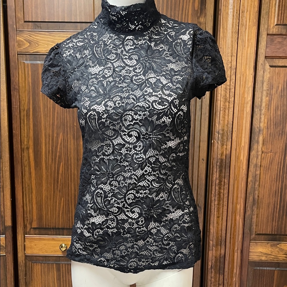 Sheer Express Black Lace Women's Top Sz M open back stretchy